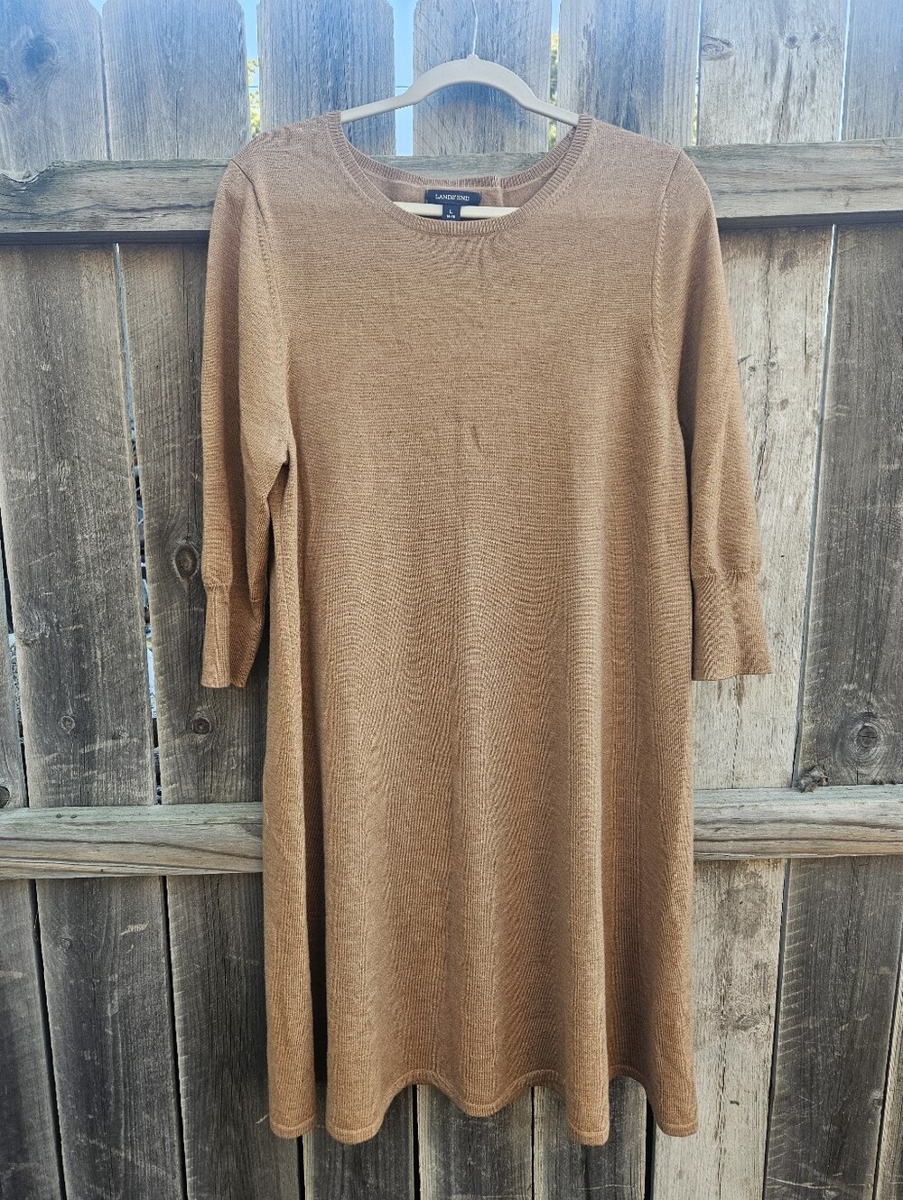 Lands End Knit Sweater Midi Dress Womens Large Brown 3/4 Sleeve Cozy Fall